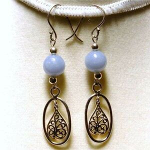 Handmade Light Blue Angelite & Filigre Tear Drop Sterling Silver Dangle Earrings